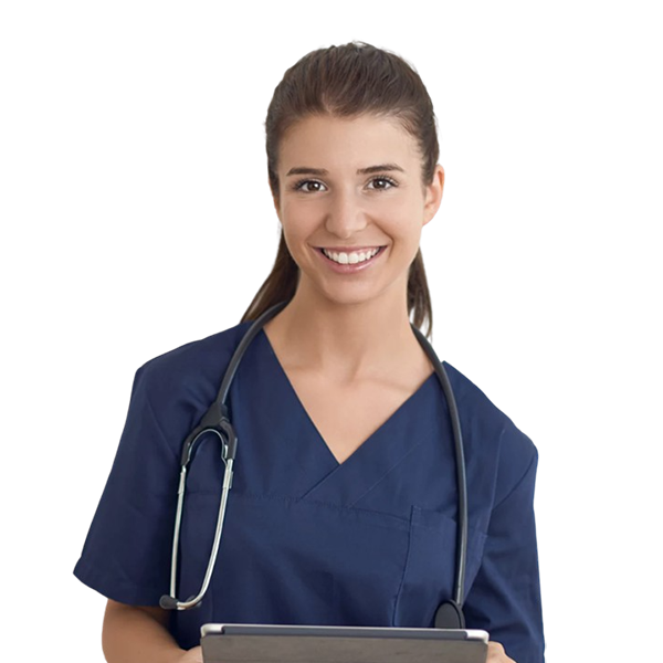 Nurse smiling at camera using healthcare software on tablet