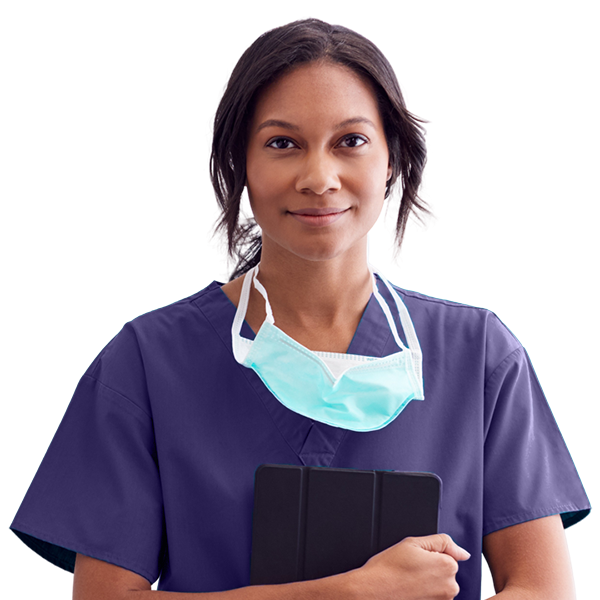 Nurse smiling at camera and holding tablet