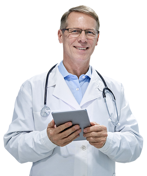 Doctor in white coat holding tablet